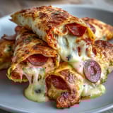 Oven-baked Tortilla Pizza Rolls reveal gooey mozzarella and pepperoni when pulled apart, highlighting a satisfying cheese pull and crispy golden edges on a rustic plate.