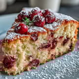 Sliced wedge of Cranberry Orange Breakfast Cake reveals moist texture and tart cranberry bursts, perfect for a cozy morning brunch with coffee.
