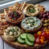 Rustic Mediterranean Brunch Board showcases rich baba ganoush and hummus beside crisp cucumber, cherry tomatoes, and warm flatbread triangles, ready for dipping on a wooden board.