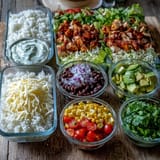 Colorful Meal Prep Burrito Bowl Base features sautéed bell peppers, corn, tomatoes, and avocado slices in storage containers.