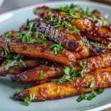 Honey Roasted Carrots and Parsnips with golden caramelized edges and fresh thyme garnish.