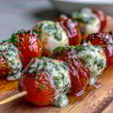 Colorful Caprese skewers featuring juicy tomatoes, creamy mozzarella, and fresh basil, finished with a zesty pesto drizzle.