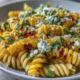 Mexican Street Corn Elote Pasta Salad with charred corn, cotija cheese, and tangy lime dressing in a vibrant bowl.
