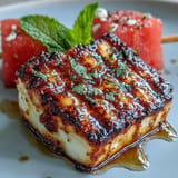 Colorful halloumi skewers with watermelon, mint, and grilled red onion, perfect for grilling.