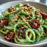 Light and healthy Zucchini Noodles with Avocado Pesto, garnished with cherry tomatoes.