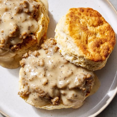 Warm, golden biscuits and gravy, rich sausage gravy coating fluffy, tender bread in a bowl.