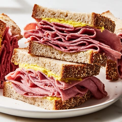 A close-up of a delicious Pastrami on Rye sandwich, ready to bite, with optional dill pickles on the side.