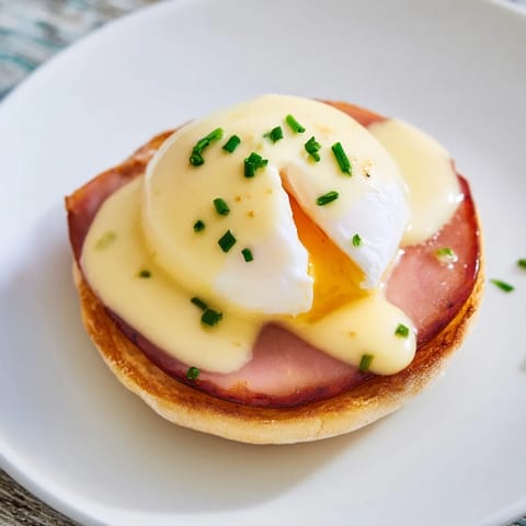 Golden-poached eggs sit atop toasted English muffins in this delectable Eggs Benedict dish.