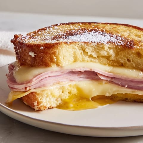 Savory and sweet, this Monte Cristo sandwich features pan-fried ham and Swiss, dipped in egg batter.