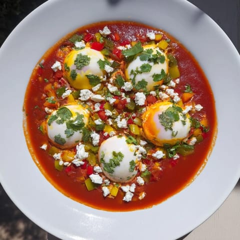 Warm crusty bread accompanies the savory Shakshuka, a Middle Eastern-inspired egg dish with a spicy kick.