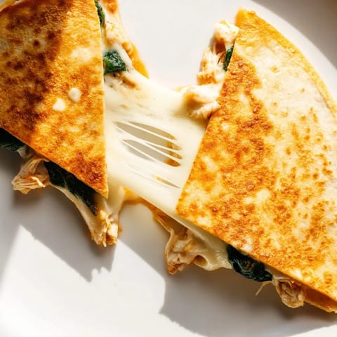 A perfectly grilled Chicken and Spinach Quesadilla filled with tender spinach, juicy chicken, and gooey melted cheese.  