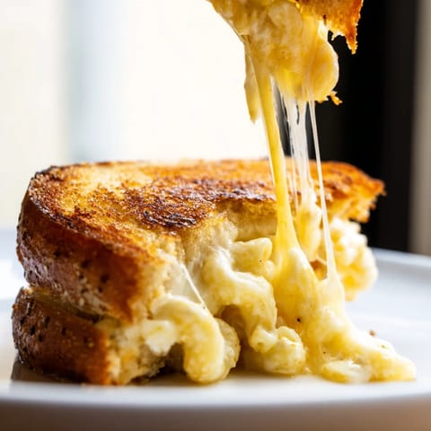 A close-up of a Mac & Cheese Grilled Cheese, with melted cheddar oozing from golden-brown toasted bread.