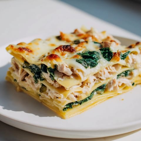Golden-brown layers of Chicken Alfredo Lasagna, baked until bubbly and topped with melted mozzarella and parsley.  