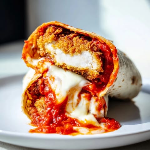 Golden-brown Crispy Chicken Parm Wrap with melted mozzarella and fresh basil, served on a plate with marinara dip.