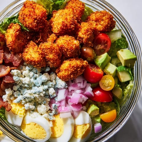 A close-up of layered Crispy Chicken Cobb Jar Salad with golden chicken bites, hard-boiled egg, smoky bacon, and blue cheese, showcasing colorful ingredients stacked in a clear mason jar.