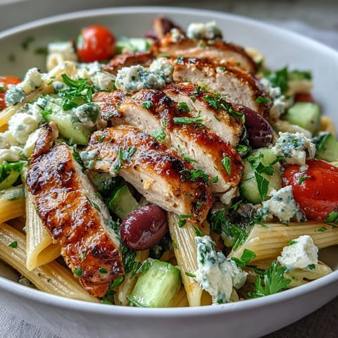 Enjoy this colorful Greek Chicken Pasta Bowl, bursting with fresh veggies and zesty lemon.