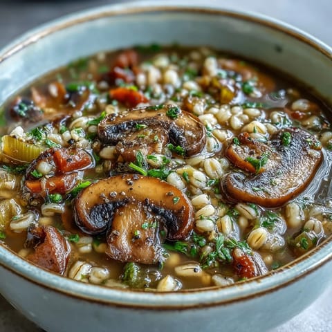 Warm Mushroom and Barley Soup garnished with fresh parsley, served beside crusty bread for a comforting, rustic meal.  