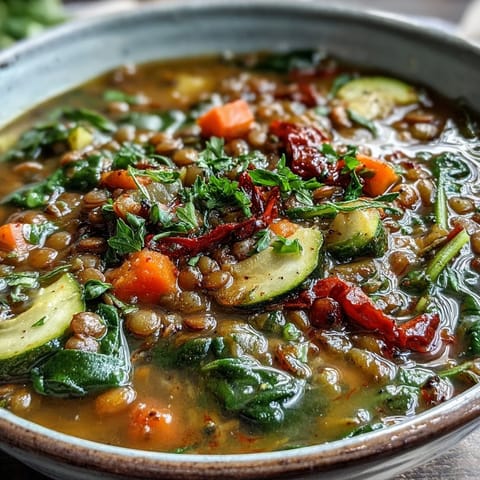 Ladle of thick Lentil and Vegetable Soup topped with fresh parsley beside a lemon wedge.