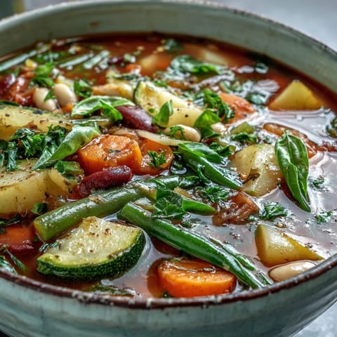 A warm bowl of Minestrone Vegetable Soup garnished with fresh parsley and grated Parmesan, served beside crusty Italian bread for dipping.  