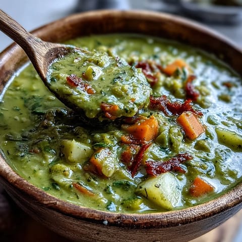 Creamy, hearty split pea soup simmering in a pot, garnished with thyme and a swirl of olive oil for a comforting winter meal.  