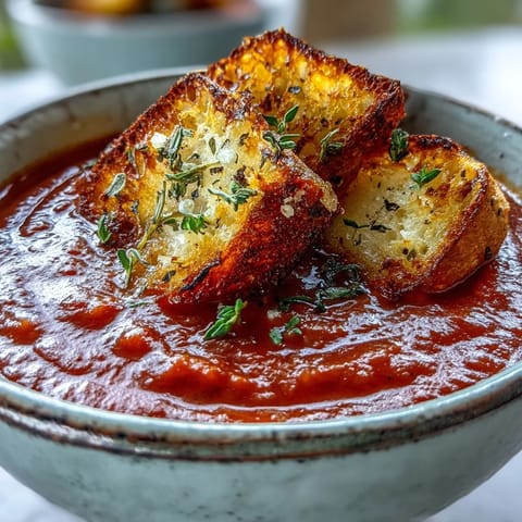 A bowl of homemade Roasted Tomato Soup with golden, crispy croutons, garnished with fresh thyme and a drizzle of olive oil.