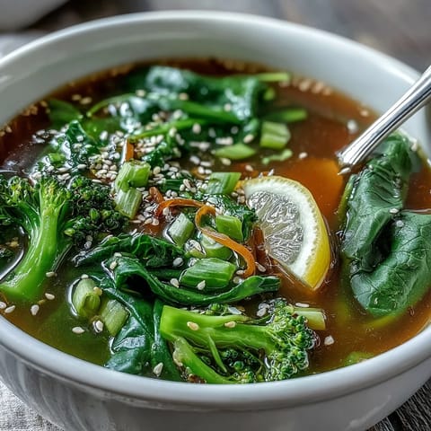 Clear golden Collagen-Boosting Broth Bowl with vibrant carrots, zucchini, and steamed broccoli florets.