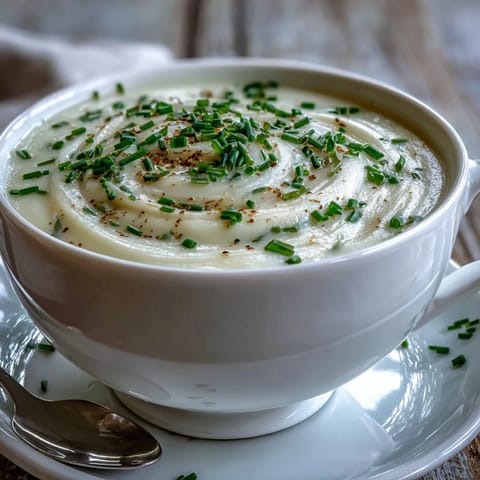 A steaming bowl of creamy Celery Root Bisque garnished with fresh chives, showcasing its velvety smooth texture and elegant French presentation.