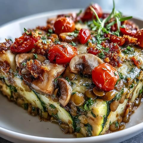 A close-up of Green Lentil and Vegetable Casserole with colorful roasted vegetables and fresh herbs.  