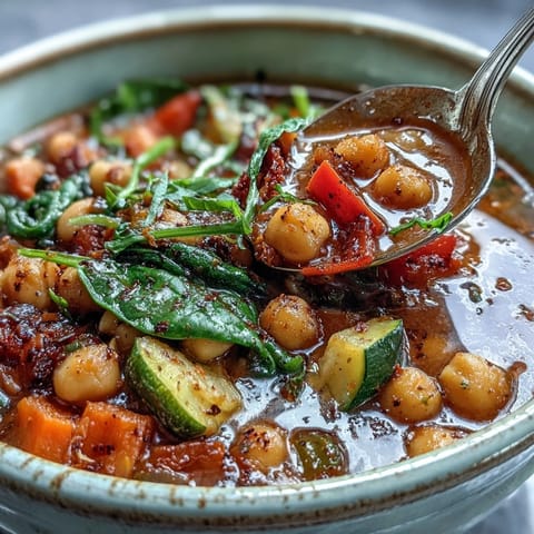 A steaming bowl of Chickpea Stew with tender vegetables and fresh parsley, served with a lemon wedge on the side.