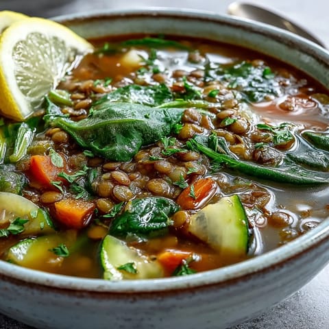 Steamy pot of homemade lentil soup with carrots, celery, and kale, garnished with parsley and lemon wedges.  