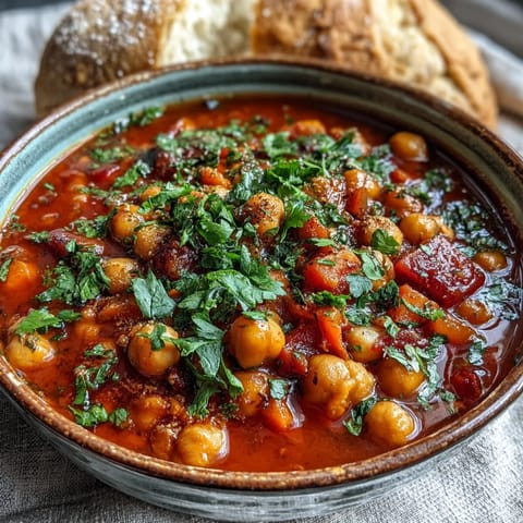 This hearty vegan stew features tender chickpeas and vibrant vegetables in a rich, aromatic tomato-based broth.  
