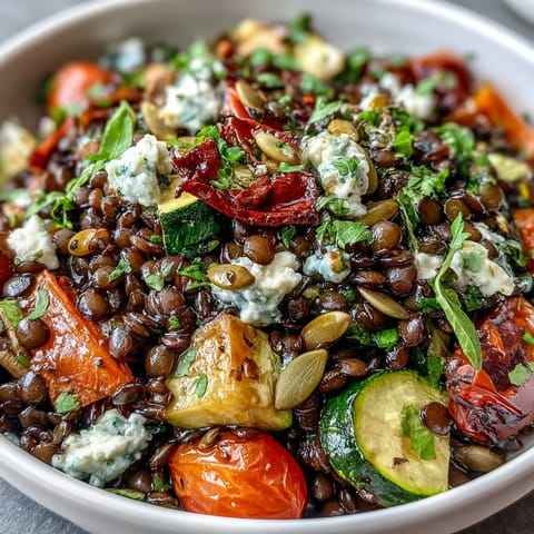 This wholesome Black Lentil Salad combines earthy beluga lentils, caramelized vegetables, and crunchy pumpkin seeds for a nutritious main dish.  