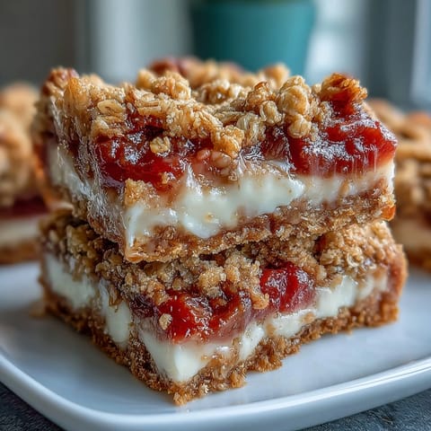 Golden, buttery crumble tops Rhubarb and Custard Crumble Bars layered with tangy red rhubarb.