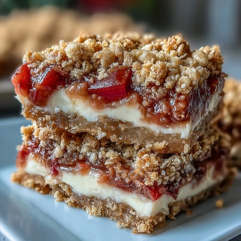 A close-up of Rhubarb and Custard Crumble Bars with rich vanilla custard filling.