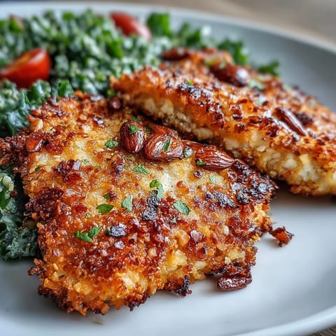 Sliced almond-crusted chicken showcases a crispy, nutty crust over a colorful kale salad with sumac.