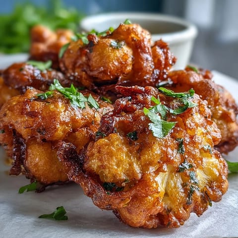 Freshly fried Cauliflower Bhajis with golden crispy edges served beside a cool mint yogurt dip.