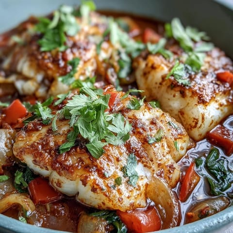A finished Spiced Cod One Pot dinner served in a bowl with fresh cilantro and lemon wedges.