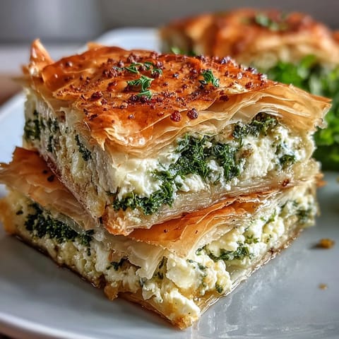 Feta and Kale Börek with golden, flaky filo pastry brushed with olive oil on a white plate.