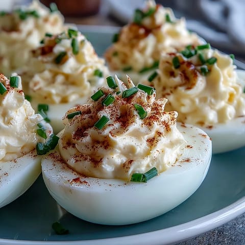 Freshly prepared Million Dollar Deviled Eggs with creamy filling, shown on a marble surface.