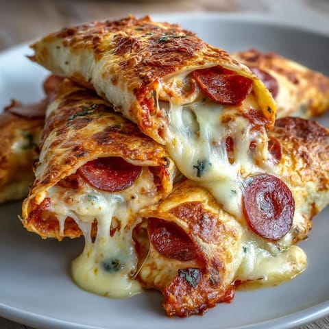 Oven-baked Tortilla Pizza Rolls reveal gooey mozzarella and pepperoni when pulled apart, highlighting a satisfying cheese pull and crispy golden edges on a rustic plate.