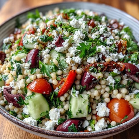 Fresh Mediterranean Pearl Couscous salad with bell peppers, cucumber, and kalamata olives topped with crumbled feta.