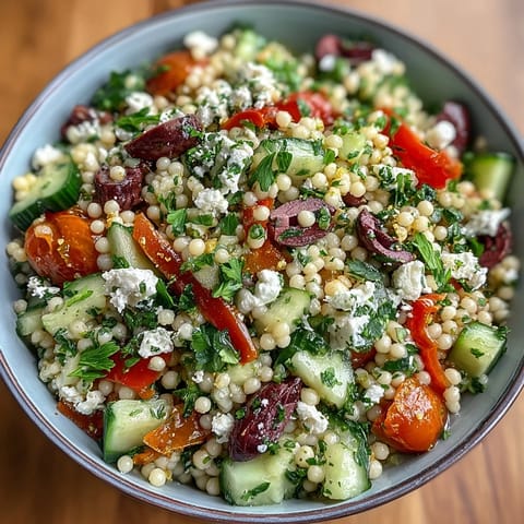 Toasted pearl couscous with cherry tomatoes and red onion tossed in a zesty oregano vinaigrette.