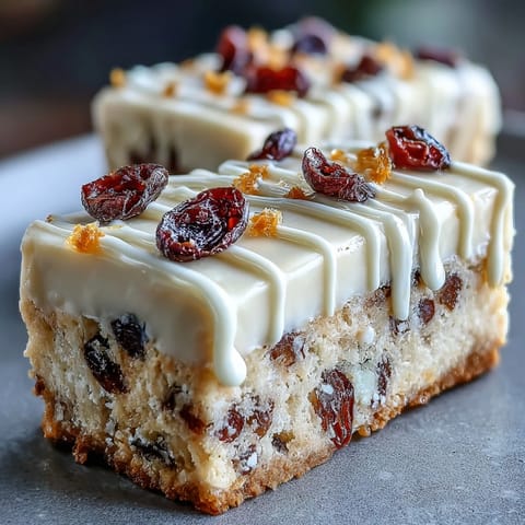 Glazed Cranberry Bliss Bars topped with dried cranberries, perfect for holiday dessert trays or coffee breaks.