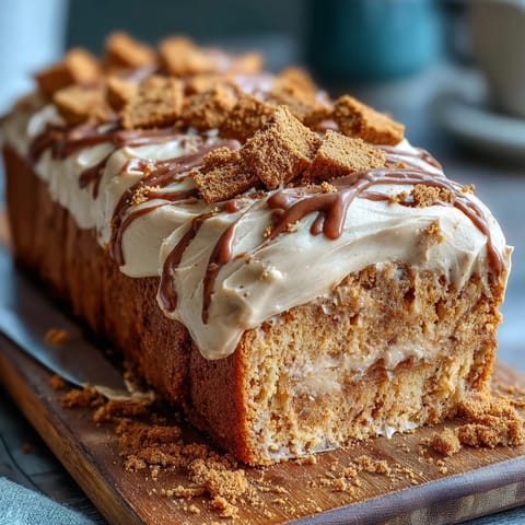 Decadent Baked Biscoff Cake with Creamy Lotus Frosting is dusted with crumbs, showcasing its moist, tender crumb texture.