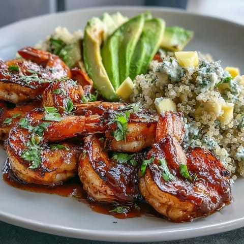 Tangy lime chili sauce drizzles over smoky grilled shrimp bowls with creamy avocado, quinoa, and bright mango salsa.