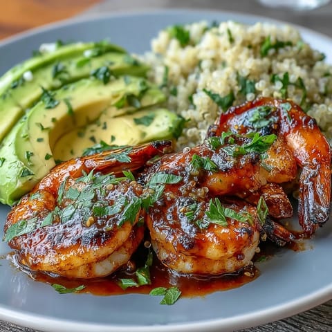 Tangy lime chili sauce drizzles over smoky grilled shrimp, nestled next to creamy avocado and nutty quinoa, topped with bright, juicy mango salsa for a refreshing crunch in every bite.