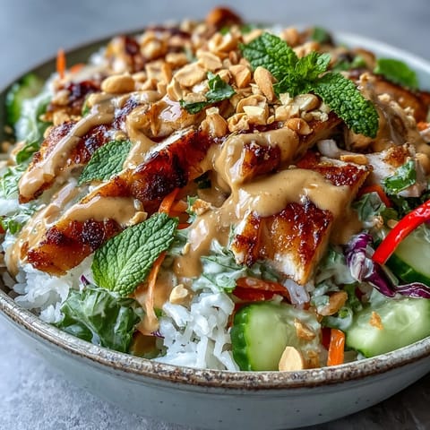 Freshly sliced cucumbers, carrots, and herbs top silky rice paper shards in a vibrant Rice Paper Roll Bowl, finished with a creamy peanut sauce drizzle.