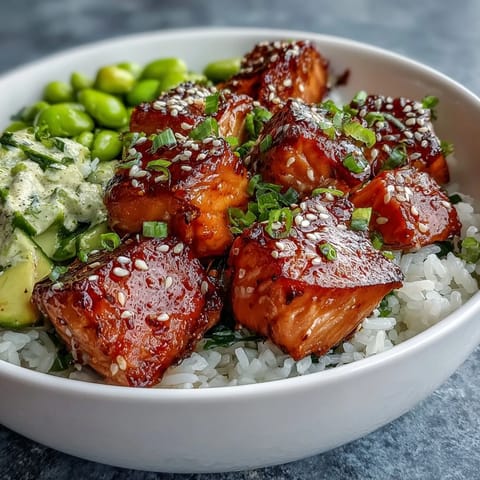Flaky marinated salmon nestled in warm jasmine rice with edamame, cucumber, and creamy avocado, drizzled spicy mayo.