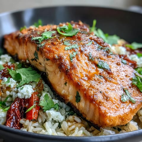 Golden pan-seared Mediterranean Salmon Bowl with crispy rice, sun-dried tomatoes, and crumbled feta.
