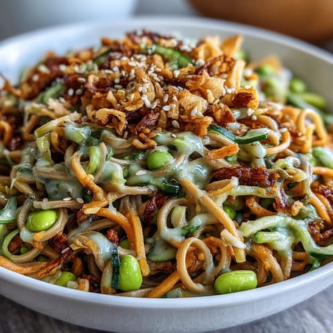 A close-up of a vibrant Soba Noodle Bowl with crisp cucumber, carrots, and edamame, drizzled with sesame dressing on chewy noodles.